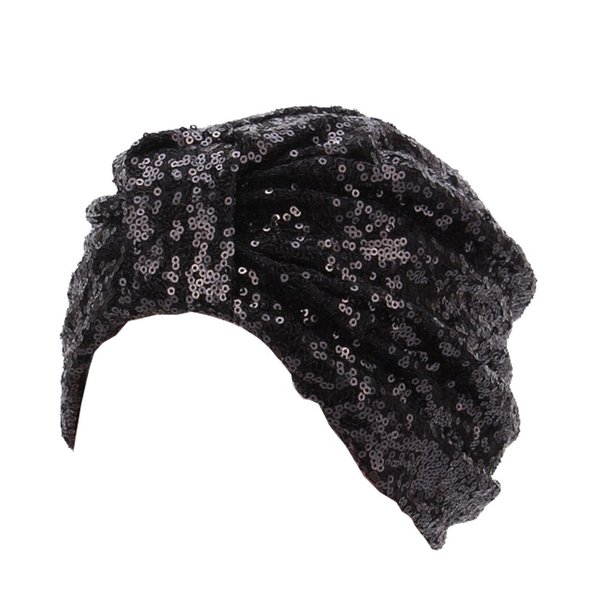 DECOU Sparkly Sequin Twist Pleated Hair Wrap Stretch Turban S232 (Black)