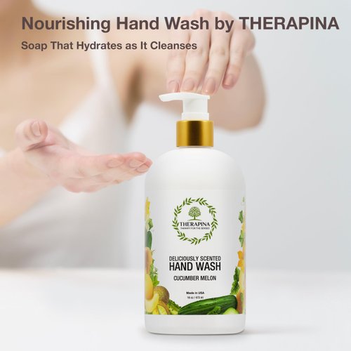 THERAPINA Aromatherapy Luxury Liquid Hand Soap – Vegan, Moisturizing Hand Wash with Aloe Vera, Botanical Oils, Cucumber Melon Scent – Fancy Liquid Hand Soap for Bathrooms, Kitchen, More, 16 Oz.