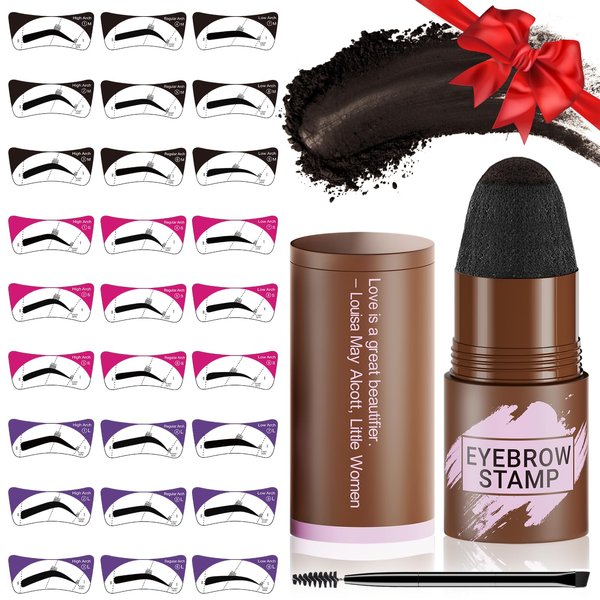Eyebrow Stamp Stencil Kit - Eyebrow Powder, Makeup for Natural-Looking Brows, Eyebrow Stamp Kit with 27 Reusable Stencils, Easy to Use, Waterproof & Smudge-Proof, Long-Lasting, Dark Brown