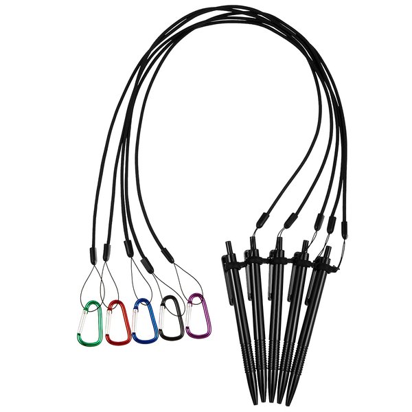 Lewtemi 5 Sets 24 Inch Pen Leash Lanyard Holder Pen Silicone Ring Buckle for Office Supplies Clipboard (Black)