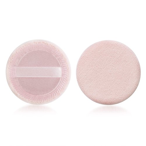 Sibba Loose Powder Puff 2 Pieces Round Velour Face Makeup Compact Body Container Setting Pressed Blending Foundation Cream Make Up Ribbon Strap Sponge Cushion Applicator (2 PCS Pink)