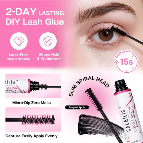 CALAILIS Cluster Lash Glue and Lash Remver and Lash Serum Kit, Strong Hold 48 Hours Lash Glue, Gentle Soothing Non-Irritating Lash Remover, Organic Castor Oil Eyelash Treatment Lash Serum