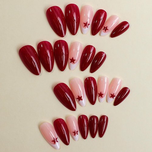 24 Pcs Almond Press on Nails Medium RIICFDD French Tip Fake Nails Wine Red Full Cover False Nails Star Designs Y2K Nails Glossy Press on Nail for Women Girls Acrylic Nails
