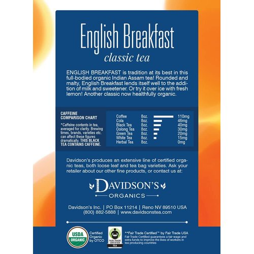 Davidson's Organics, English Breakfast, 8-count Tea Bags, Pack of 12