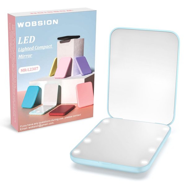 wobsion Mini Pocket Mirror, Led Compact Mirror,1x/3x Magnifying Mirror with Light,2-Sided Handheld Fold Mirror,Small Travel Makeup Mirror,Lighted Compact Mirror for Purse,Gift(Blue)