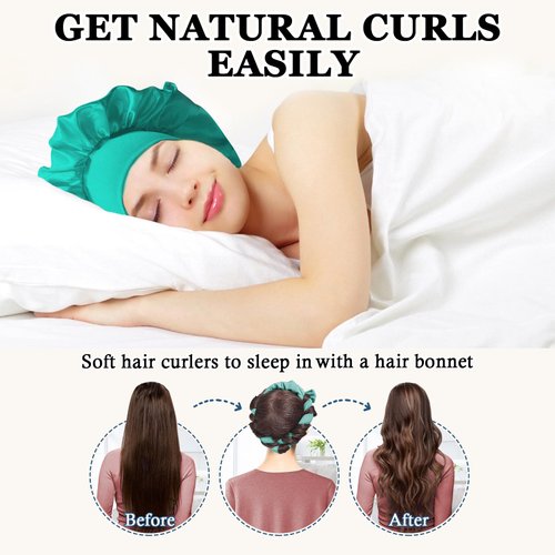 Gwabee No Heat Hair Curlers to Sleep In Overnight Curls Headband, 70" Long Soft Hair Curler No Heat Curling Headband Ribbon Curl Wrap for Long Hair Rollers, 9 PCS Hair Curling Rods Set -Blue green