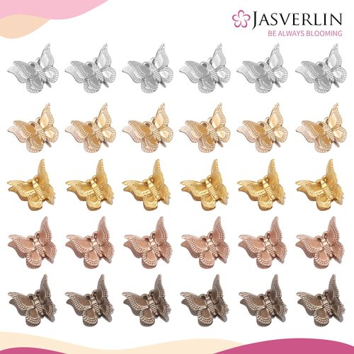 JASVERLIN Mini Butterfly Hair Clips for Girls Kids Women - Y2K Small Tiny Cute Hair Accessories Non-slip Metallic Claws Clip - 90S Hair Clips Silver Gold Brown Color 50 pcs (Metallic Harmony)
