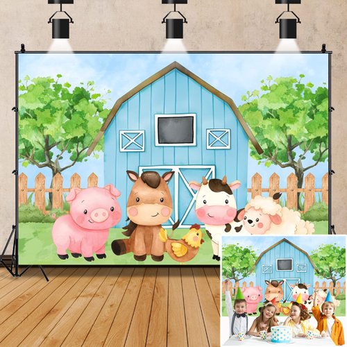 ZARROUEA 7x5ft Blue Barn Farm Animals Happy Birthday Backdrop Banner Cartoon Farm Background for Kids Boy Birthday Party Baby Shower Party Decorations Cake Table Supplies（Blue2）