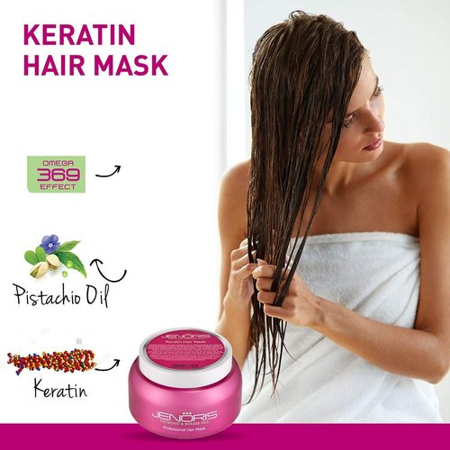 Jenoris Keratin Hair Mask 8.45 fl.oz Blend of Natural Keratin and Pistachio Oil to complete the nourishing Omega 3-6-9 Complex for dry hair and post-straightening treatments.