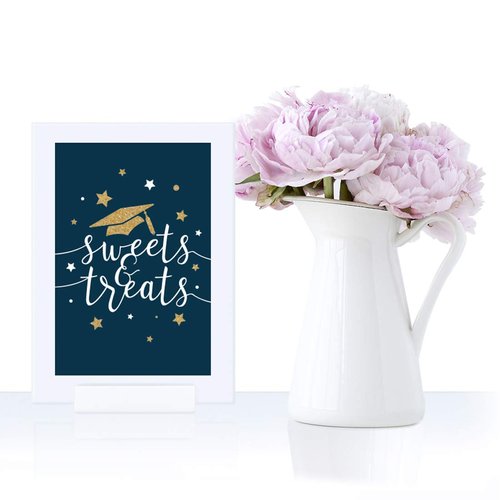 Andaz Press Navy Blue and Gold Glittering Graduation Party Collection, Framed Party Sign, Double-Sided 4x6-inch, Sweets & Treats, 1-Pack, Includes Reusable Frame