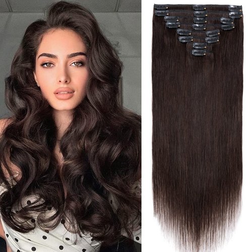 Clip in Hair Extensions Human Hair Full Head 8 Pieces 18 Clips 100% Real Silky Human Hair 22"-110g Dark Brown (#2)