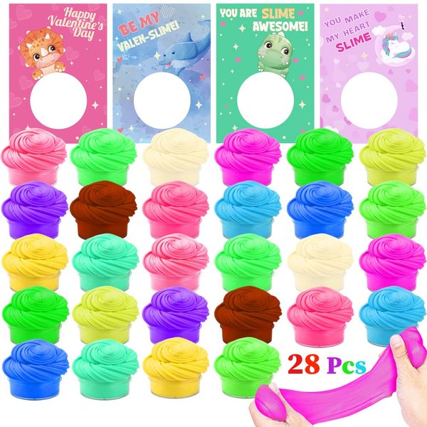 Valentines Day Cards with Colorful Playing Dough, 28 Packs Butter Slime and Valentine's Greeting Cards Gift Sets for Kids, Valentine School Classroom Prize Exchange, Fluffy Putty Party Favors