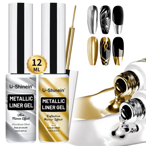 U-Shinein 2x12ml Metallic Mirror Painting Gel Nail Polish, Ultra Mirror Silver & Gold Metal Painted Drawing Gel with Build in Thin Brush, Chrome Gel Polish Nail Art Gel Liner Soak Off DIY Nail Art