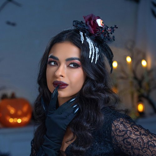 Formery Halloween Rose Skeleton Hands Headpiece Eyeball Feather Day of The Dead Hair Clips Gothic Rave Hair Accessories for Women