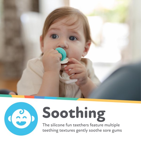 Nuby Silicone Fun Teethers - (2-Pack) Baby Teething Toy - Chick and Tuba Shapes - 3+ Months - Orange and Teal