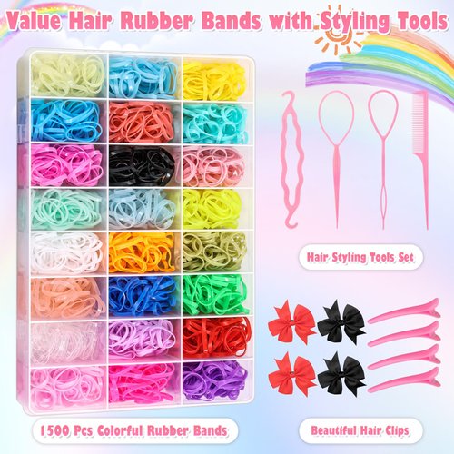 24 Colors Rubber Bands for Hair with Hair Styling Tools, 1500 Pcs Elastic Hair Bands Hair Rubber Bands with Topsy Tail Hair Tool and Hair Tie Cutter, Hair Rubber Bands for Girls Baby Toddler Women