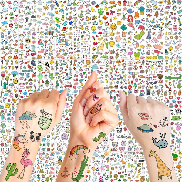 GOROMON 60 Sheets 1200+ Patterns Summer Cute Small Temporary Tattoos For Kids Girls Boys, Tiny Animals Mermaid Unicorn Cartoon Fake Tattoo Sticker Face Hands, Children Tatoos Party Tatuajes Temporales