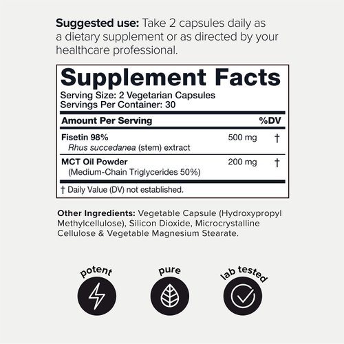 Toniiq Ultra High Purity Fisetin 500mg - 98%+ Higly Purified & Bioavailable Fisetin Supplement with MCT Oil for Absorption - Third-Party Tested Senolytic Supplements for Aging Support - 60 Capsules