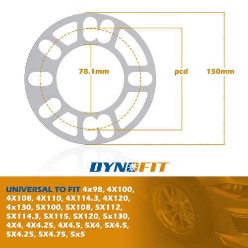 dynofit Universal 5mm Wheel Spacers for 98-120 Multiple Bolts Pattern, Pack of 4 Thin Aluminum Shims Hubcentric Spacer for 4 Lug and 5 Lug Wheels/Rims Fit for Dodge Ford Je/ep Nissan Honda