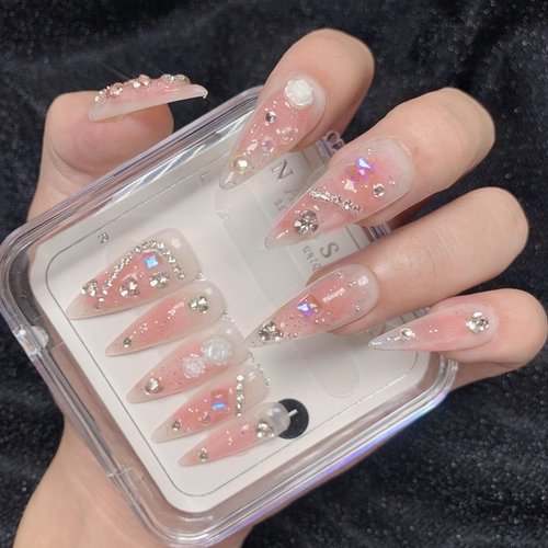 CAMILCY Handmade Nails Press on Long pointed tip Pink 100% Hand-Painted Reusable Gel UV Finished Pre-Shaped False Nails for Women 10pcs 3D Glitzadora Handmade Nails(Gradient Pink, size S 10Pcs)