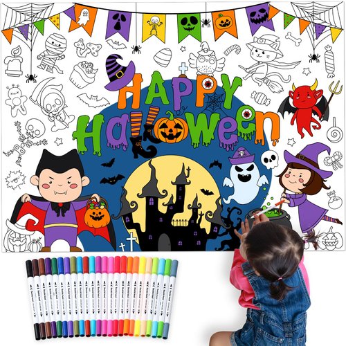 Faccito Giant Coloring Poster with 24 Watercolor Markers Coloring Sheet Jumbo Coloring Poster Coloring Banner Table Cover for Kids Fall Halloween Xmas Winter Birthday Activity Party (Ghost)