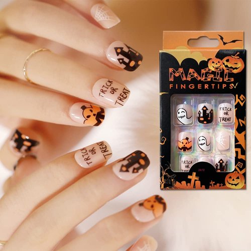 Halloween Press on Nails Short for Kids, Glossy Square Fake Nails Atificial Glue on Nails with Spider-web Ghost Trick or Treat Cute Design Coffin Full Cover Nail Tips for Hallow Nail Decor 24 Pieces