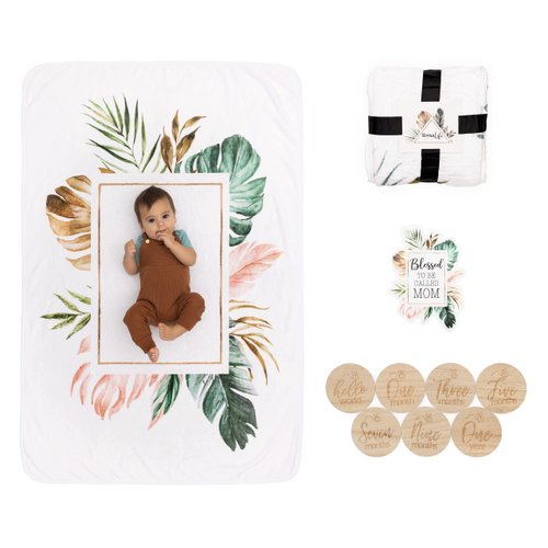 NovaaLife - Milestone Baby Blanket for Girls and Boys - Wood Props & Blessed to be Called Mom Sticker - 40 x 60 in Large Blanket - Use as Backdrop or Laying Down