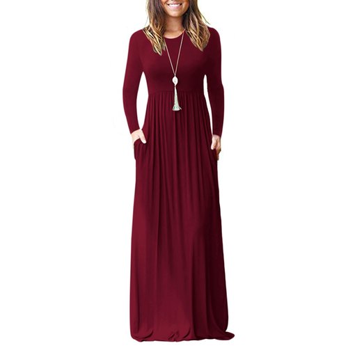 AUSELILY Women's Long Sleeve Casual Loose Pocket Maxi Party Long Dresses for Women (M, Wine Red)