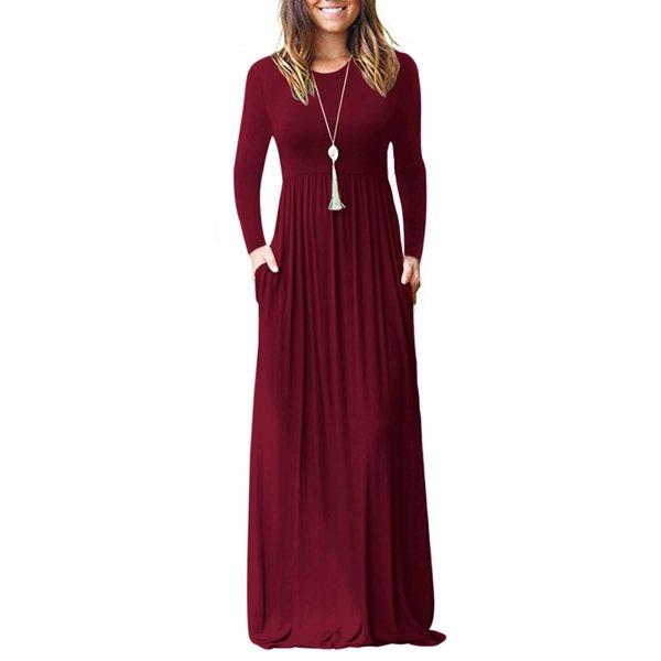 AUSELILY Women's Long Sleeve Casual Loose Pocket Maxi Party Long Dresses for Women (M, Wine Red)