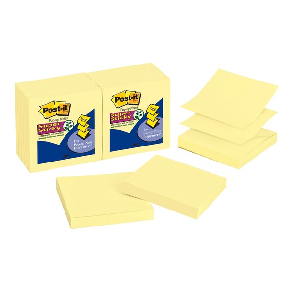 Post-it Super Sticky Dispenser Pop-up Notes, 12 Sticky Note Pads, 3 x 3 in., 2X the Sticking Power, School Supplies and Oﬃce Products, Use with Post-it Note Dispensers, Canary Yellow