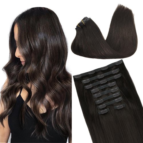 GOO GOO Clip in Hair Extensions Real Human Hair, 14inch 130g 9Pcs, 2 Dark Brown, Remy Human Hair Extensions Clip ins for Women, Natural Human Hair