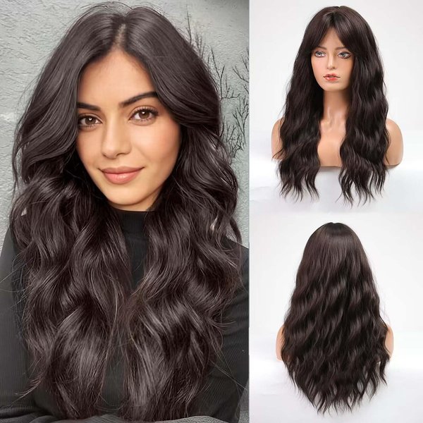 HAIRCUBE Brown Wavy Wig with Bangs for Women Curly Women's Charming Synthetic Wigs with Natural Wavy Brown Heat Resistant Hair for Daily Party Use