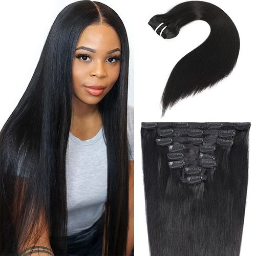 Human Hair Straight Clip In Hair Extensions for Black Women 18 Inches Clip In 10A Grade Unprocessed Full Head Soft Silky Real Human Hair Natural Color Clip Ins 135g/set