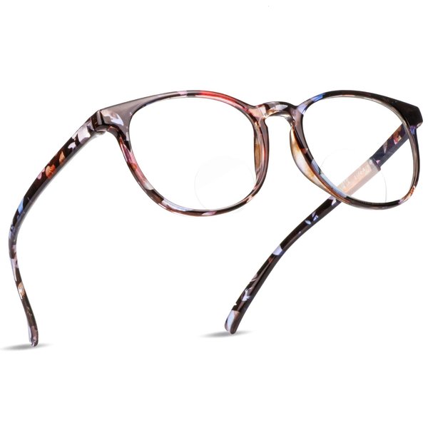 LifeArt Bifocal Reading Glasses with Round Lenses, Blue Light Blocking Glasses for Women, Anti Glare, Reduce Eyestrain (Pinkfloral, 0.00/+1.50 Magnification)