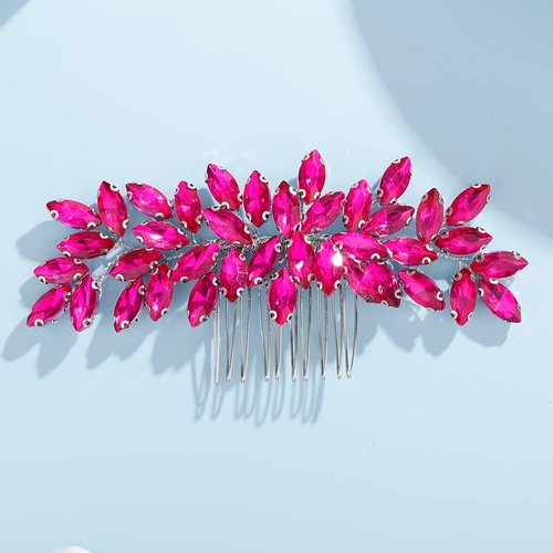 Teyglen Women Dainty Simple Full Rhinestones Bride Wedding Hair Comb Luxurious Hair Accessories Shiny Rhinestones Bridal Side Hair Combs for Women Bride Girls (Rose Red)