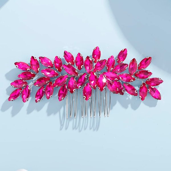 Teyglen Women Dainty Simple Full Rhinestones Bride Wedding Hair Comb Luxurious Hair Accessories Shiny Rhinestones Bridal Side Hair Combs for Women Bride Girls (Rose Red)