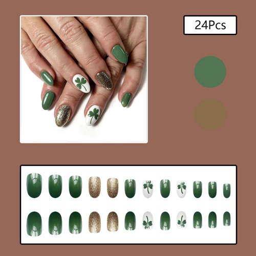St Patrick’s Day Press on Nails Short Medium Almond, Shamrock False Nails with Glitter Designs Emerald Green Fake Nails Full Cover Glue on Nails Reusable Artificial Nails for Women and Girls 24Pcs