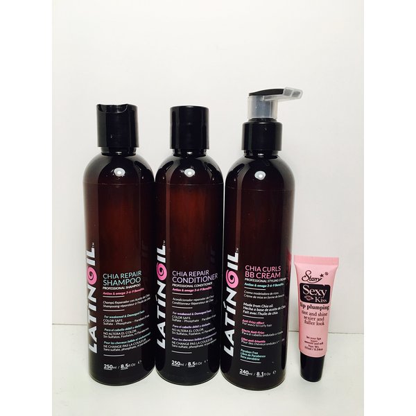 Latinoil Chia Seed Oil Shampoo 8.5 oz, Conditioner 8.5 oz & BB Cream 8.1 oz Set - Free Starry Sexy Lip Gloss 10ml