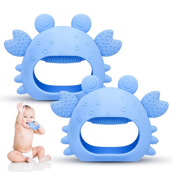 Anboor 2 Pack Baby Teething Toys, Silicone Teethers for Babies 0-6 Months Anti Dropping Hand Teether, Infant Baby Chew Toys for Teething Relief, for Newborn Soon-to-be Mothers (Blue,Crab)