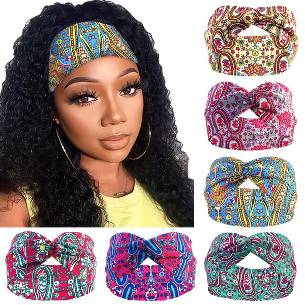 SAWINDA 6 Pack Boho Headbands for Women Fashion Wide Bandana Hairbands Cashew Flowers Twist Knotted Head Bands Elastic Non Slip Head Wraps Yoga Workout Turban Hair Accessories