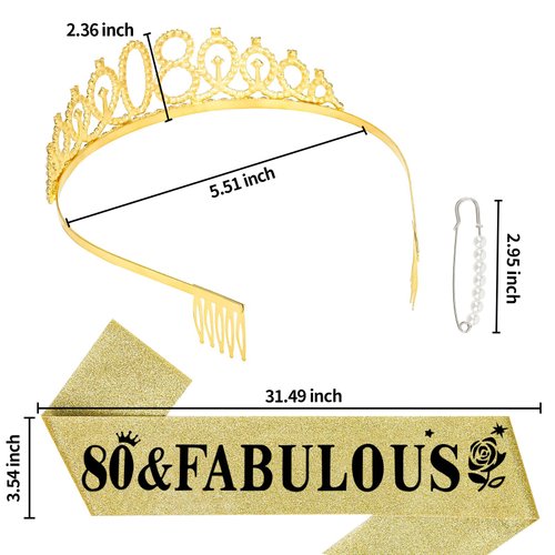 YARIEW 80th Birthday Decorations Gold Crown + 80 & Fabulous Birthday Sash + Pearl Pin Set, 80th Birthday Sash and Tiara for Women, Happy 80th Birthday Gifts for Women, 80th Birthday Party Favor