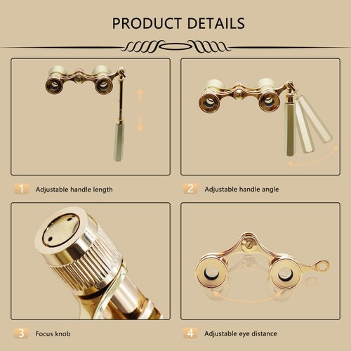 BLACKICE Theater Binoculars, Opera Glasses for Women, 3X25 Mini Binocular Compact with Adjustable Handle for Adults Kids in Concert Theater Opera (Golden with Handle)