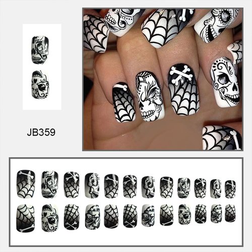 Generic Devil Skull Spider Web Press on Nails Medium Square Halloween False Nails Day of the Dead Acrylic Stick on Nails for Women Girls