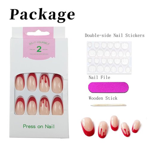 Halloween Press on Nails Medium Length Horror Bloody Fake Nails Red French Tips Nails Coffin Full Cover False Nails with Nail Glues for Women and Girls Halloween Party Nail Decorations 24Pcs