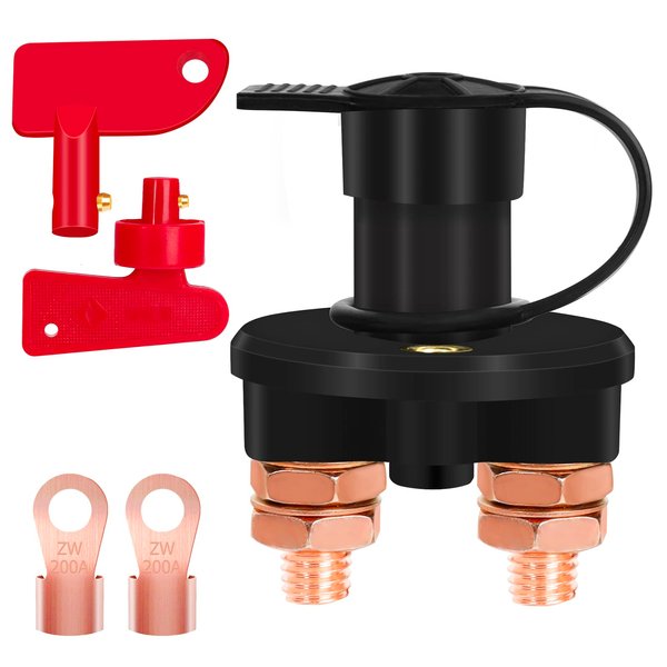 Battery Shut Off Switch 12v 3/8" Bolt, Battery Cut Off Switch 12v Brass, Car Battery Disconnect Switch 12v DC 12-24V with Keys, Copper Ring Terminals for Marine Car Boat Rv ATV Auto Truck by XIOGZAXI