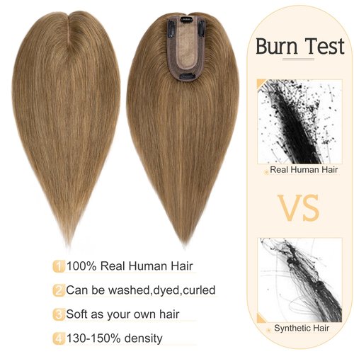 SEGO Human Hair Toppers for Women With Thinning Hair 7 * 13CM Silk Base 100% Real Human Hair Clip in Top Wiglet Hair Pieces -10 Inch No Bangs Light Brown