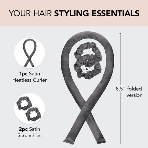 Kitsch Satin Heatless Curling Set - Overnight Hair Curlers to Sleep in, Heatless Curls, Heatless Hair Curler Overnight Curls, Heatless Curling Rod Headband, No Heat Soft Curlers Hair Rollers -Charcoal