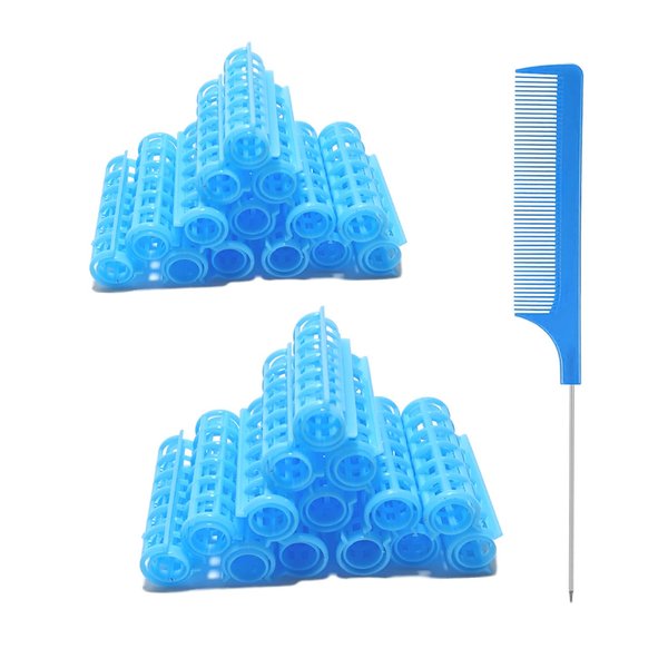 Ulifebetter 28PCS Self Grip Small Hair Rollers Set, 0.6in Plastic No Heat Roller Hair Curlers with Comb Heatless Clips for Short Fine Thin Hair(Blue)