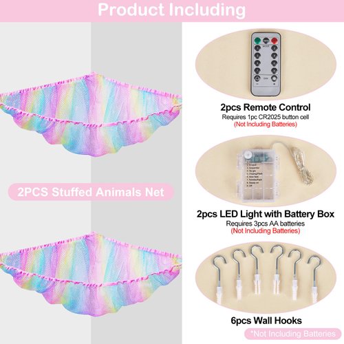 Basumee Stuffed Animals Net or Hammock with LED Light Hanging Toy Net Hammock for Stuffed Animals Storage Stuff Animals Hammocks for Nursery Kids Room with Remote Control, 8 Kinds of Lights(Pack of 2)