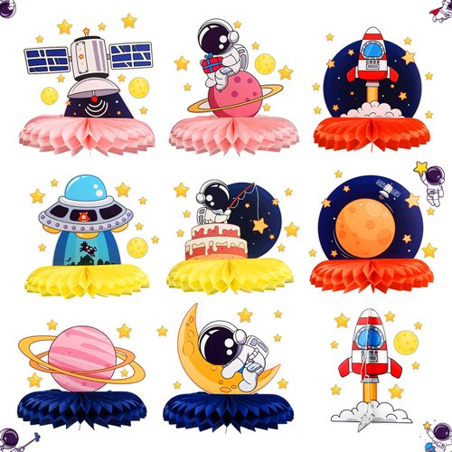 Fontien 9 pcs Space Theme Party Honeycomb Centerpieces, Space Astronaut Honeycomb Centerpieces Outer Space Party Decorations,Birthday Party Table Toppers，Rocket Astronaut Solar System Party Supplies